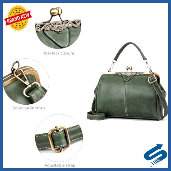 Vegan Leather Satchel with Kiss Lock Closure, Adjustable Strap, 11x8.6 Inches - Picture 4 of 7